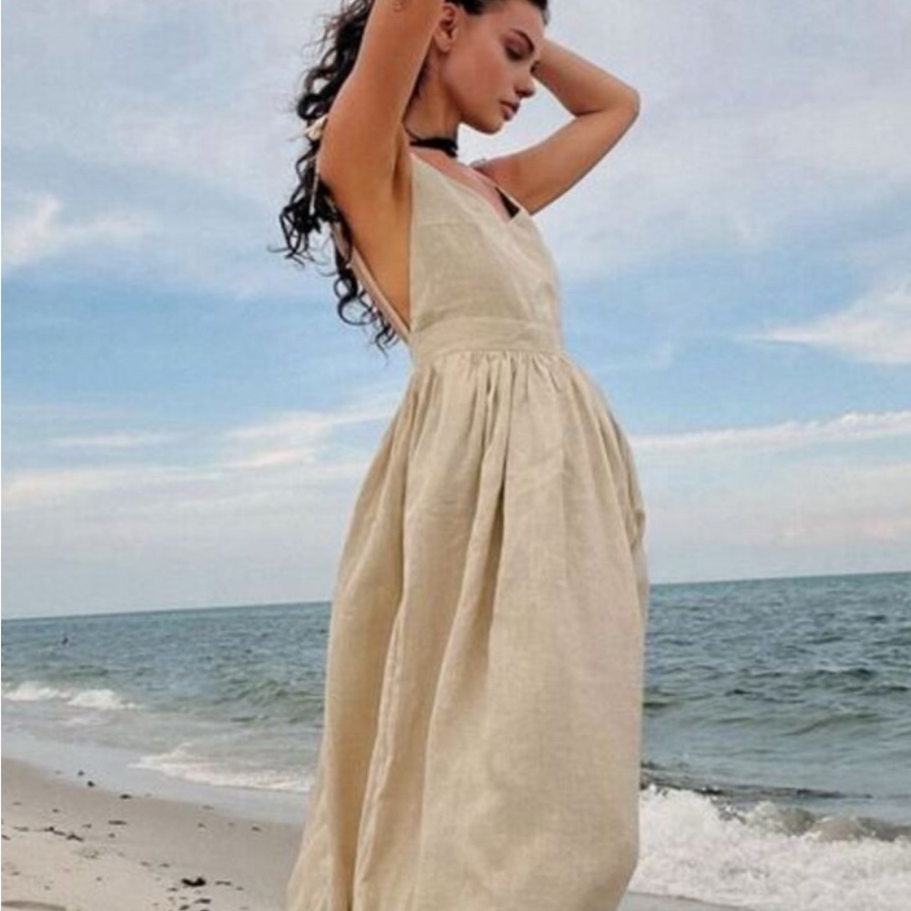 Commense Beige Linen Maxi Dress with Tie Straps Beach Boho Summer Sundress XL‎
